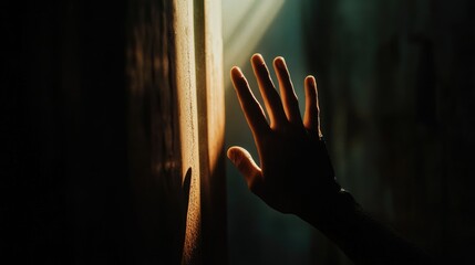 A hand is reaching out in the dark. The hand is the only visible part of the person