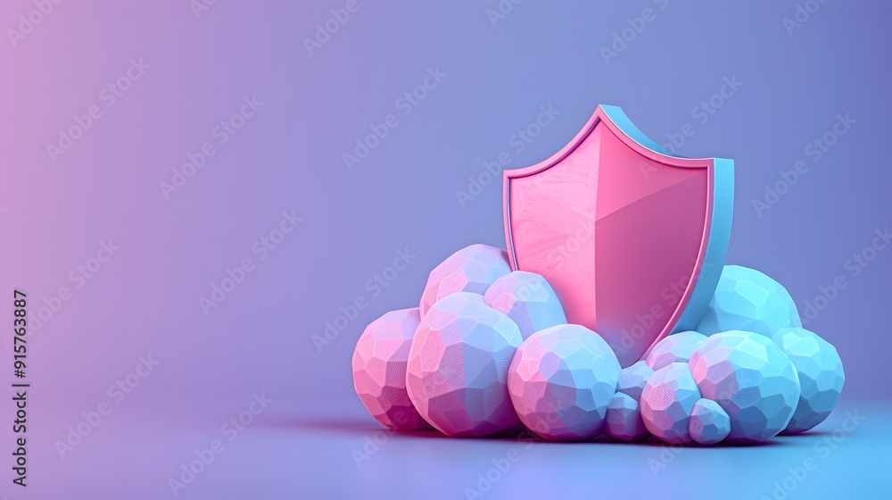 Poster abstract 3d illustration of a shield and clouds, representing cloud security, data protection and te