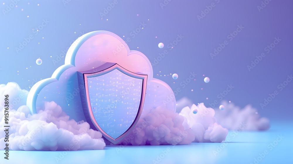 Poster abstract 3d illustration of cloud computing security concept with shield and cloud in a futuristic b