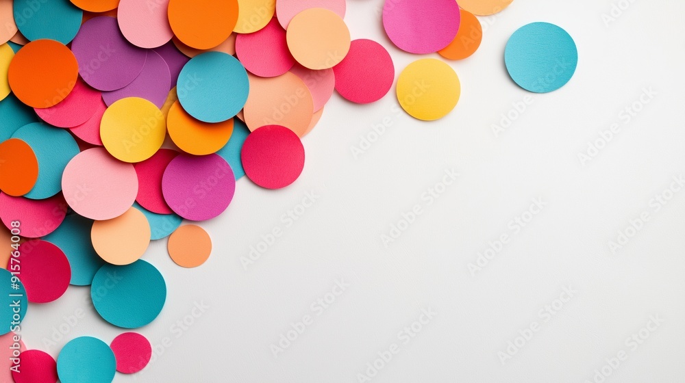 Poster a bunch of colorful paper circles on a white background. the circles are of different colors and siz