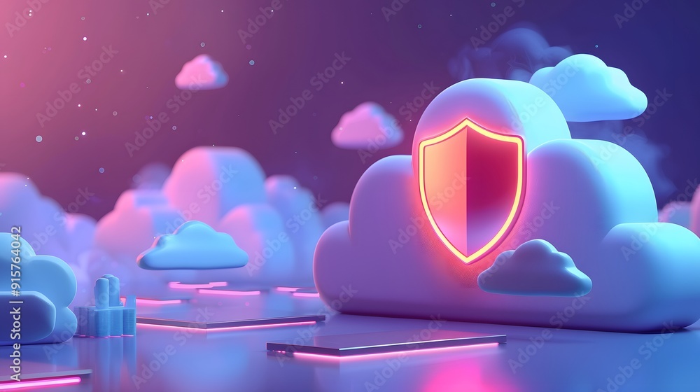 Poster abstract cloud computing security concept with a glowing shield icon among floating clouds, symboliz
