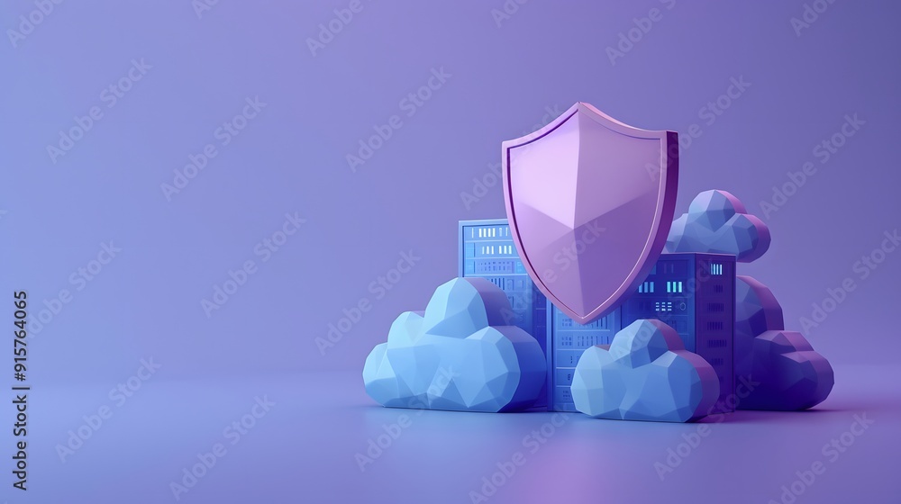 Poster abstract concept of cloud security with shield and server icons representing data protection. digita