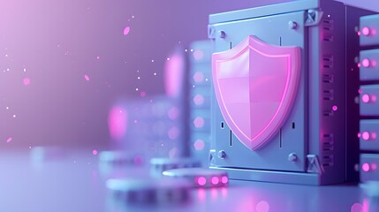 Abstract cybersecurity concept with glowing shield on server in purple and pink tones, representing digital protection and data safety.