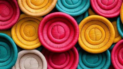 A colorful collection of round bowls made of woven material. The bowls are arranged in a pattern, with some overlapping and others standing alone. Scene is cheerful and vibrant