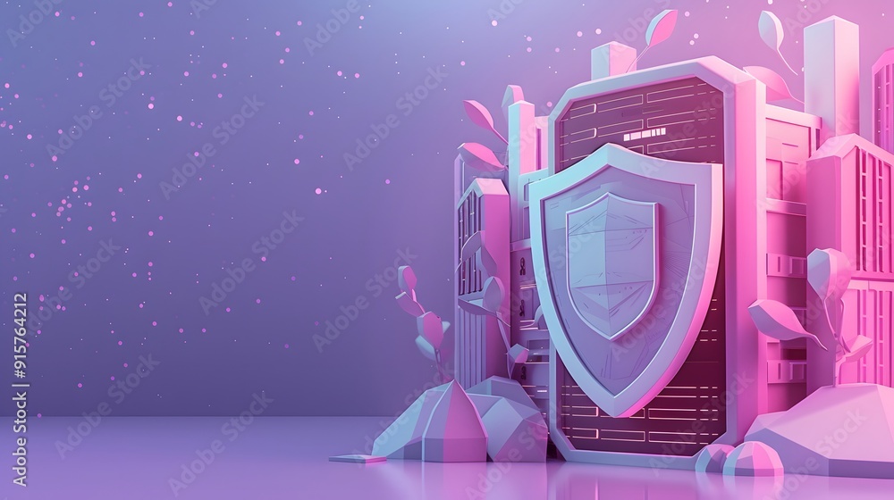 Poster abstract digital security concept with shield icon and server in futuristic style. cybersecurity, pr