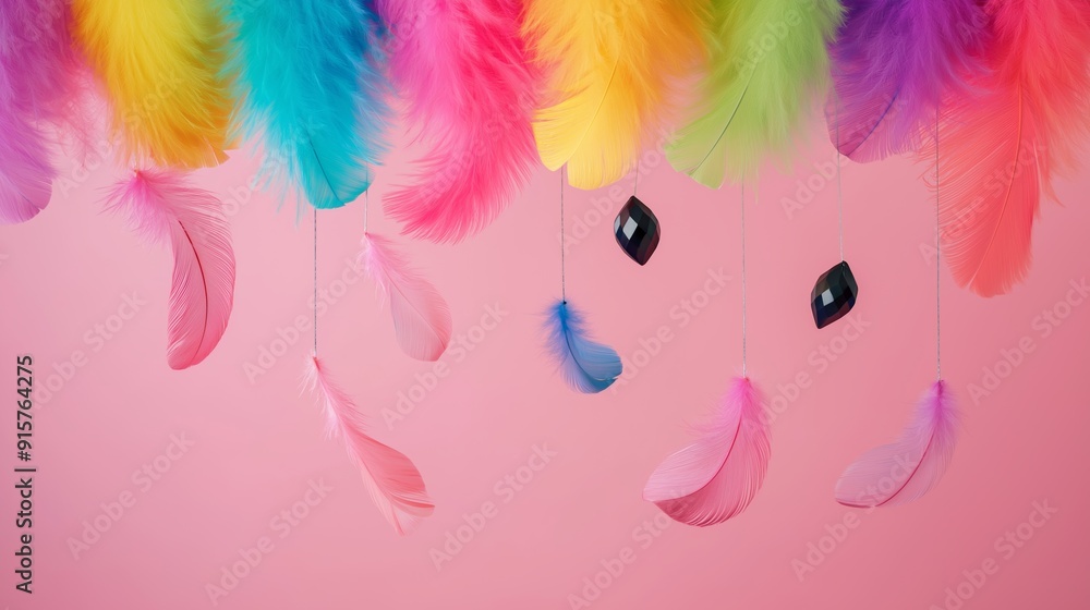 Poster a colorful display of feathers hanging from the ceiling. the feathers are of different colors and si
