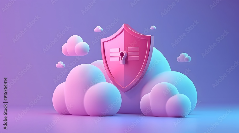 Poster abstract illustration of a shield in the clouds, symbolizing cloud security and data protection in a