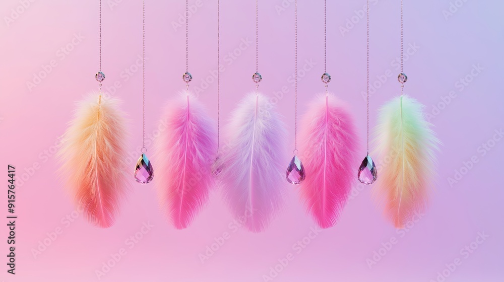 Poster a row of colorful feathers hanging from a string. the feathers are of different colors and sizes, an