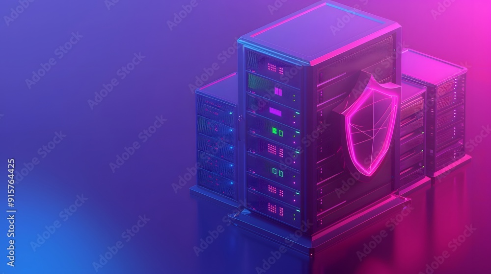 Poster abstract image of a secure server with a shield symbol, highlighting the concept of cybersecurity an