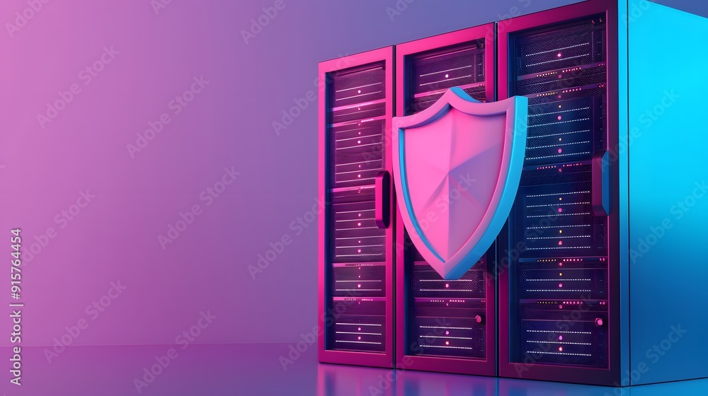 Poster abstract image of a server with a pink and purple shield, symbolizing cybersecurity and data protect