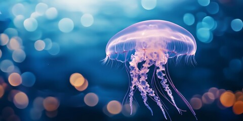 Obraz premium Ethereal Grace: A Close-up View of a Jellyfish Drifting Serenely in the Ocean with Bokeh Effect Lighting, Capturing the Elusive Beauty and Tranquility of Marine Life