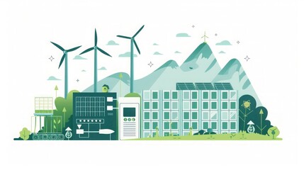 Naklejka premium Green Cityscape: Sustainable Living with Wind and Solar Power