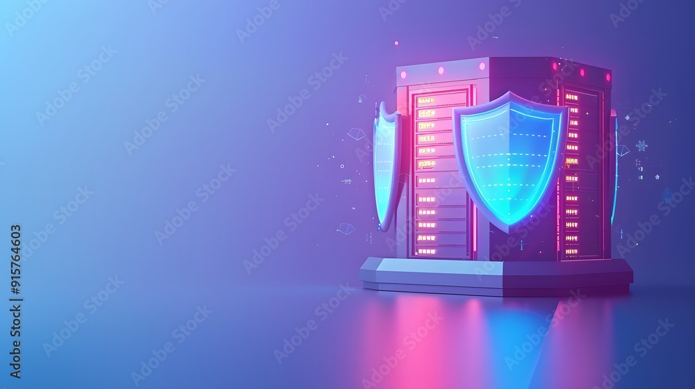 Poster abstract server security concept with shield, representing data protection and cybersecurity in digi