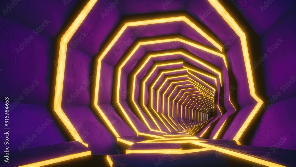 Poster abstract hexagonal tunnel with a seamless pattern and yellow light spots on a purple backdrop symbol