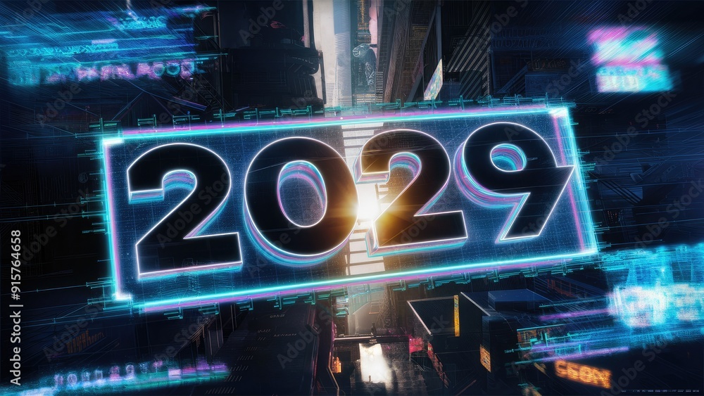Poster 3d rendered 2029 text featuring technological glitch effects and screen interference patterns