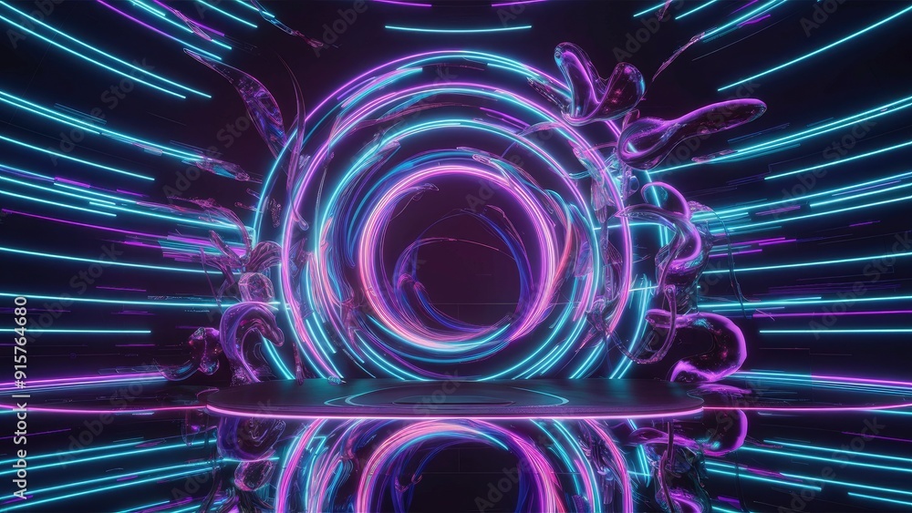 Poster Vibrant abstract neon light patterns in motion creating a dynamic stage show background with reflections Trendy 3D ultraviolet lines for a futuristic studio effect ideal for corpora