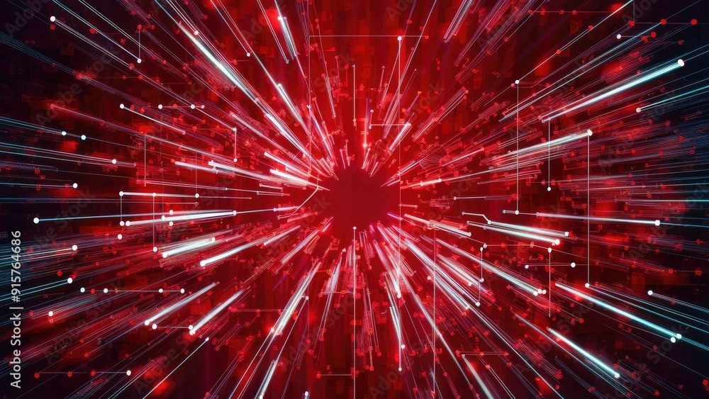 Poster abstract red background featuring dynamic digital connections with moving dots and lines representin