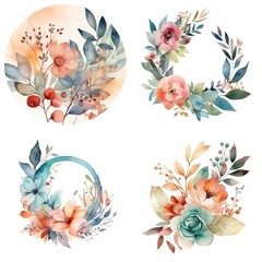 Obraz premium Watercolor floral wreath and bouquet in orange, blue, and green tones.