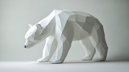 Low-poly geometric polar bear sculpture, modern design in a white minimalist setting