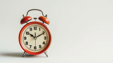 Classic Round Alarm Clock in Bright Red Color on White Background at Morning Hours