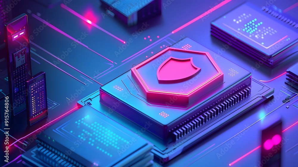 Poster close-up of a computer chip with a red shield icon, representing cybersecurity in technology, illumi