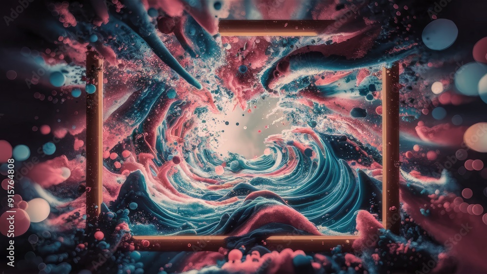 Poster colorful abstract particles and waves with bokeh effect 3d rendering