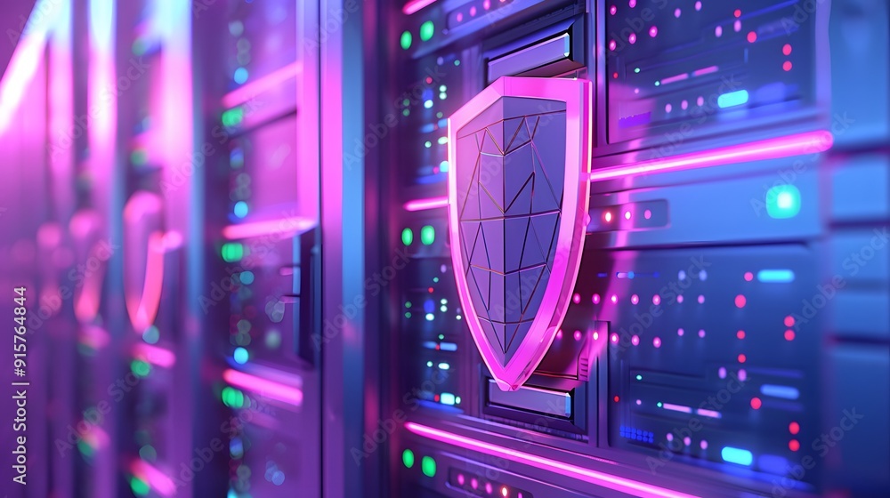 Aufkleber close-up of server racks with a digital shield icon, symbolizing cybersecurity and data protection i