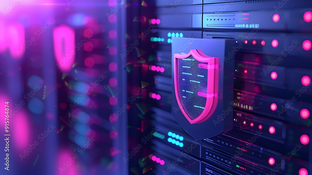 Poster closeup of server racks with a digital shield icon, representing data security and cybersecurity in 