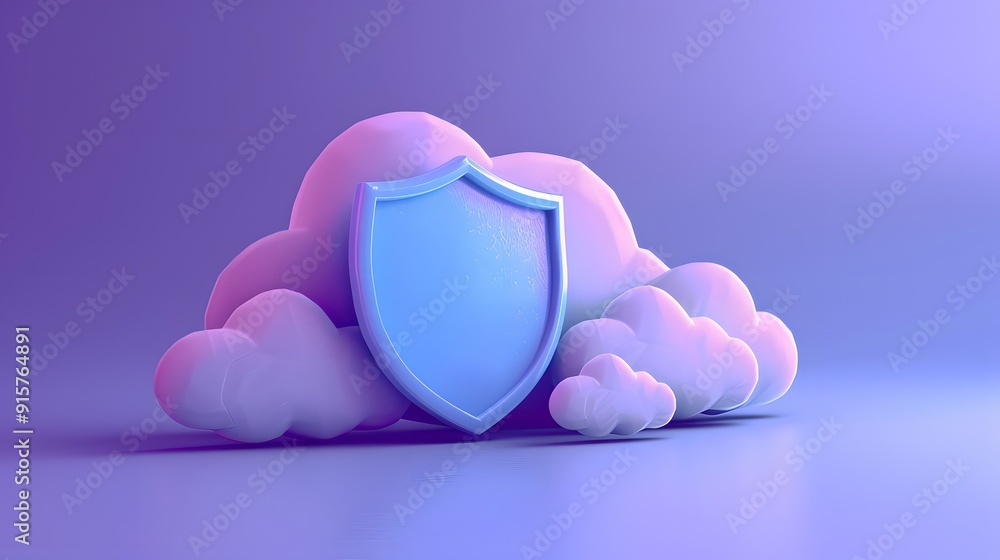 Poster cloud computing security concept with a blue shield and fluffy clouds on a purple gradient backgroun