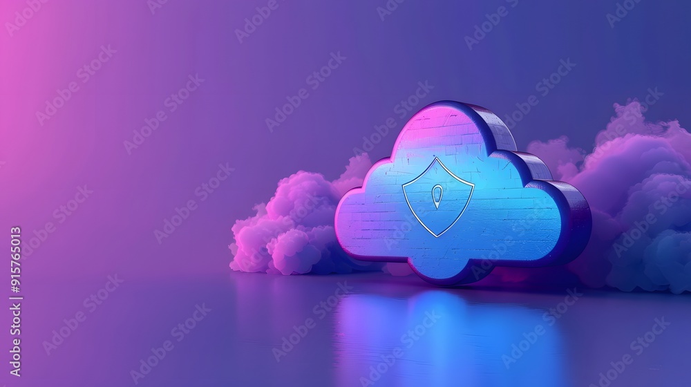 Poster cloud icon with security shield, floating among clouds in vibrant gradient lighting, representing se
