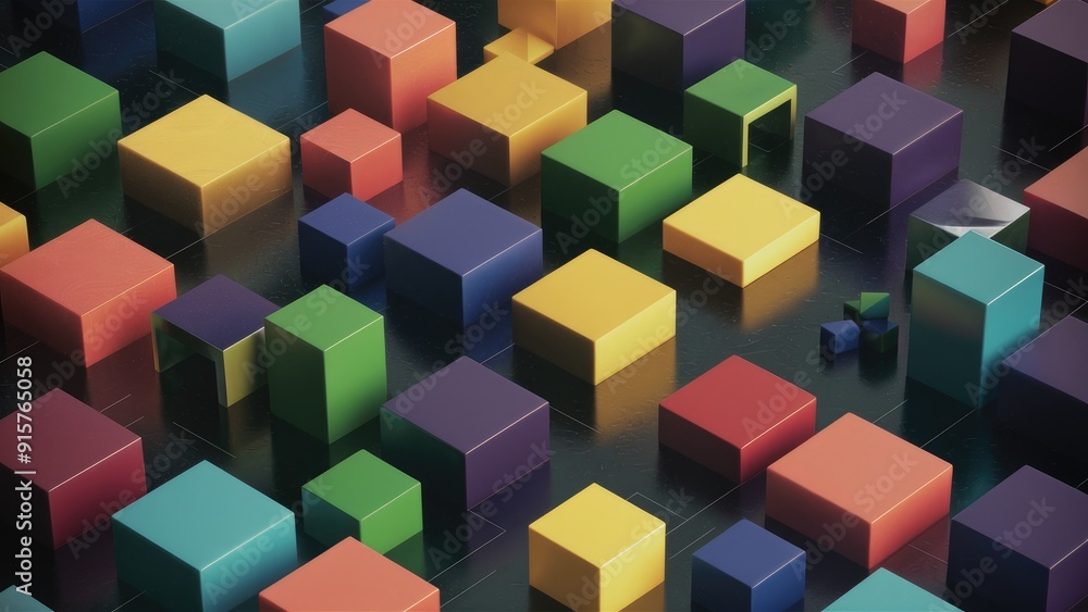 Poster vibrant 3d rendering showcasing an abstract pattern of colorful cubes in various shapes minimalistic