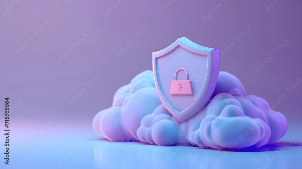 Poster cloud security concept image with a shield and padlock on fluffy clouds, symbolizing data protection