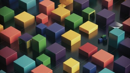 Fototapeta premium Vibrant 3D rendering showcasing an abstract pattern of colorful cubes in various shapes Minimalistic design featuring simple geometric forms and a striking symmetrical texture