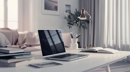 Streamlined workspace slim laptop on white desk, open books, sophisticated desk lamp, background of softly decorated room, modern aesthetic