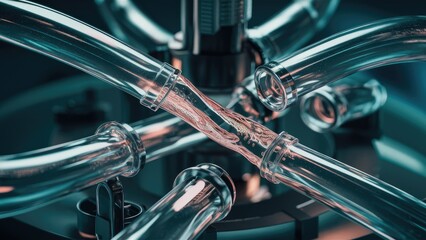 Obraz premium Transparent lab tubing with flowing liquid Motion dynamics Futuristic scifi mechanism