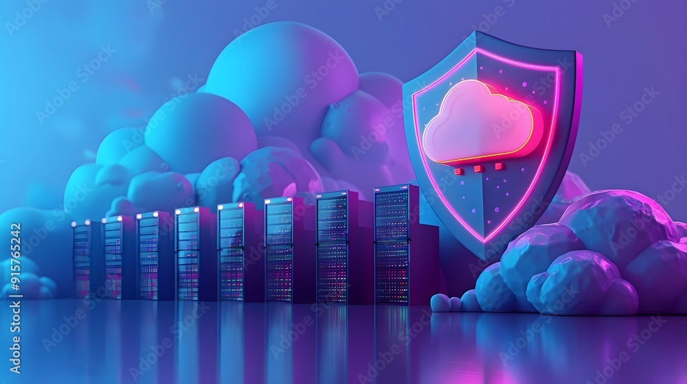 Poster cloud security concept with servers and shield icon, representing data protection and cybersecurity 
