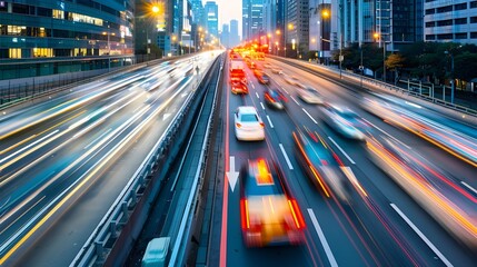 Light flow of traffic on a evening highway in a city with modern high buildings