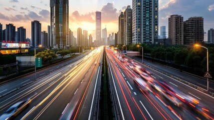 Light flow of traffic on a evening highway in a city with modern high buildings