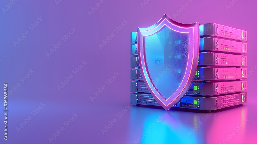 Poster colorful server racks protected by a digital security shield. modern data protection and cybersecuri