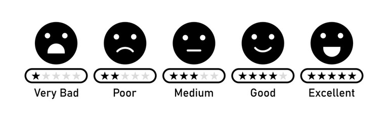 Silhouette rating emoji icon set. Feedback rating emoji icon set in black color. Five-star rating emoji icon set. Customer satisfaction rating scale with good and bad emotions. Vector illustration.