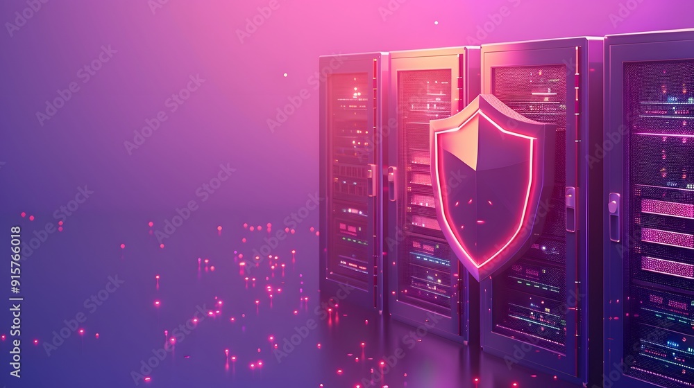 Poster cybersecurity and data protection with advanced server technology in a futuristic setting, depicted 