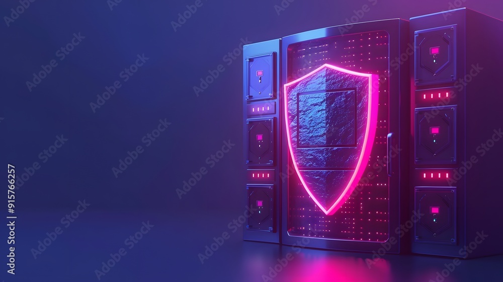 Poster cybersecurity concept with a glowing neon shield on server racks, representing data protection and s