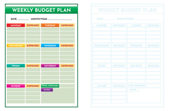 An Illustration of Monthly Budget Planner Templates in cmyk mode. Ready to print. This image showcases budget planner templates to help individuals organize their finances by categorizing incomes,  