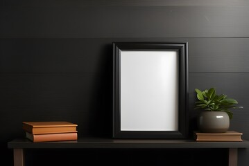 Blank frame on gray wall mock up, vertical black poster frame on wall, picture frame isolated on a wall, mock up for picture or photo frame, 3d render
