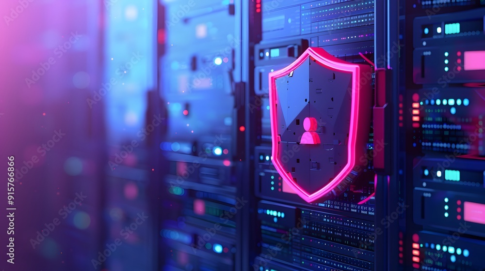 Poster cybersecurity concept with server racks and pink shield icon representing data protection and networ