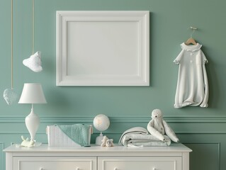 A white frame hangs on a light green wall above a white dresser with a baby outfit, lamp, and toys.  Perfect for a nursery mock-up.