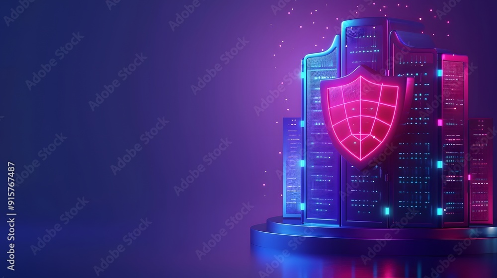 Poster data center security concept with glowing shield icon, representing cybersecurity and data protectio
