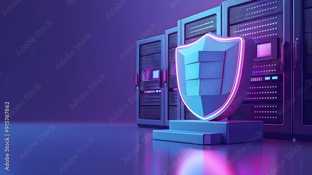 Poster data security concept with shield and server racks in a modern data center. cyber protection and inf