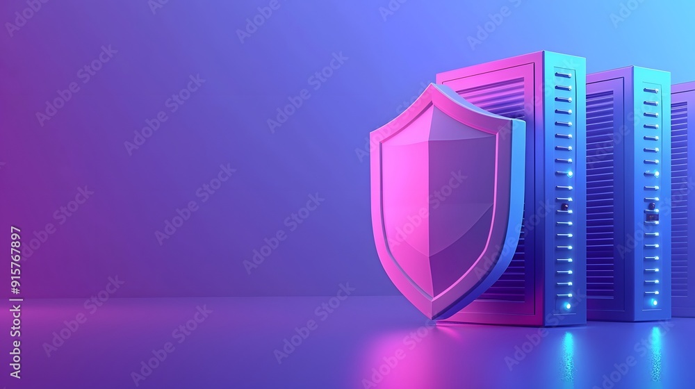 Poster data server storage protection concept with shield symbol on three server racks and neon blue light 