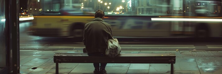 Homeless. A man sits on a bench next to a bus. He is wearing a hat and a coat. The scene is blurry, giving it a sense of motion